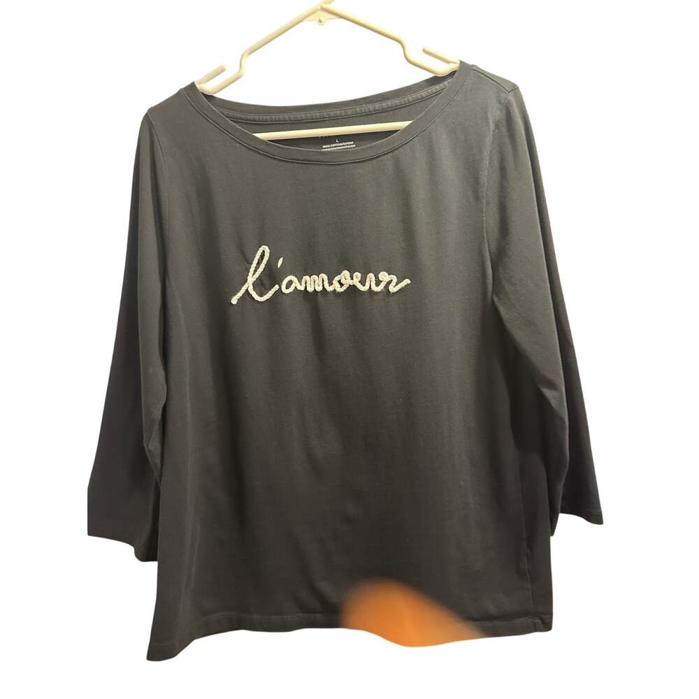 Talbots L’Amour Embroidered Black Cotton Top Women’s Large 3/4 Sleeve